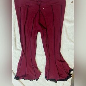 Handmade Funky Whimsigoth Maroon Flared Capri Pants with Black Stitching